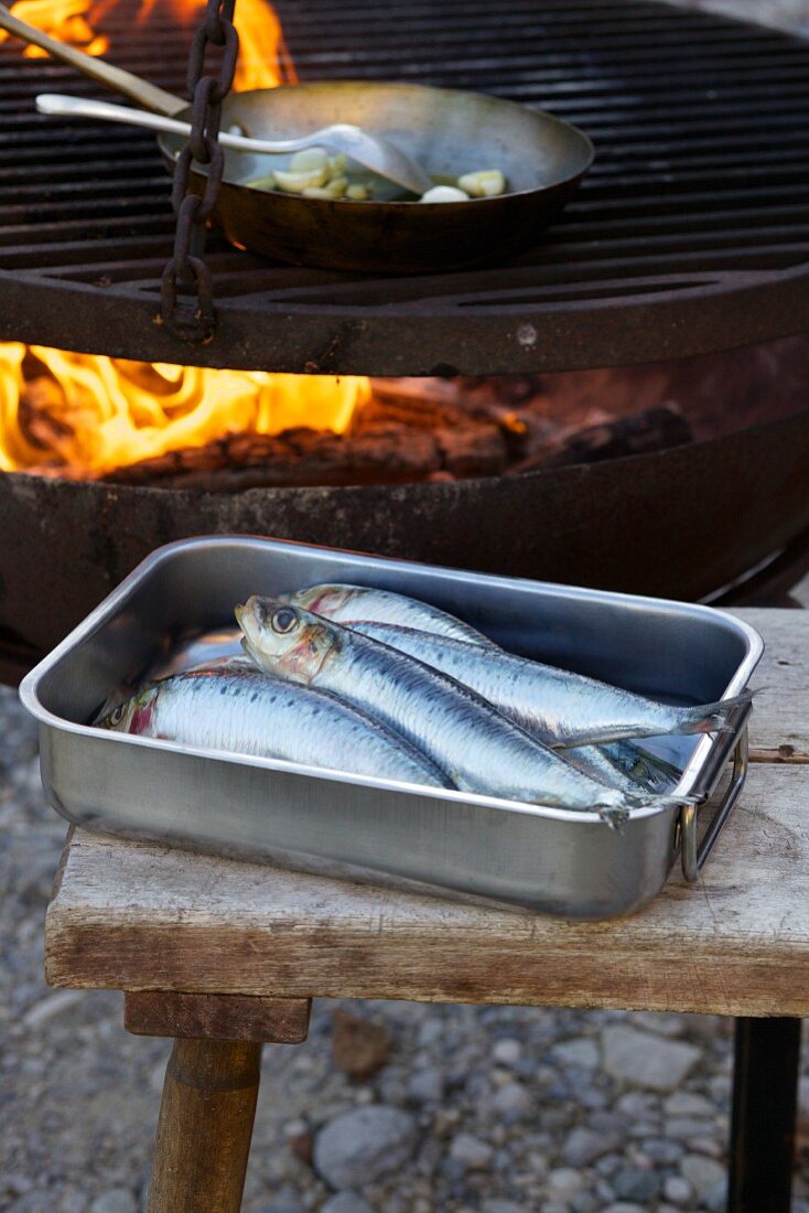 Raw sardines in an aluminium tray in front of the barbecue