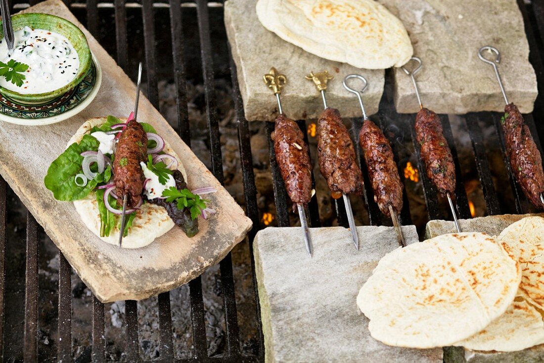 Shish kebabs (Eastern lamb kebabs) with flatbread