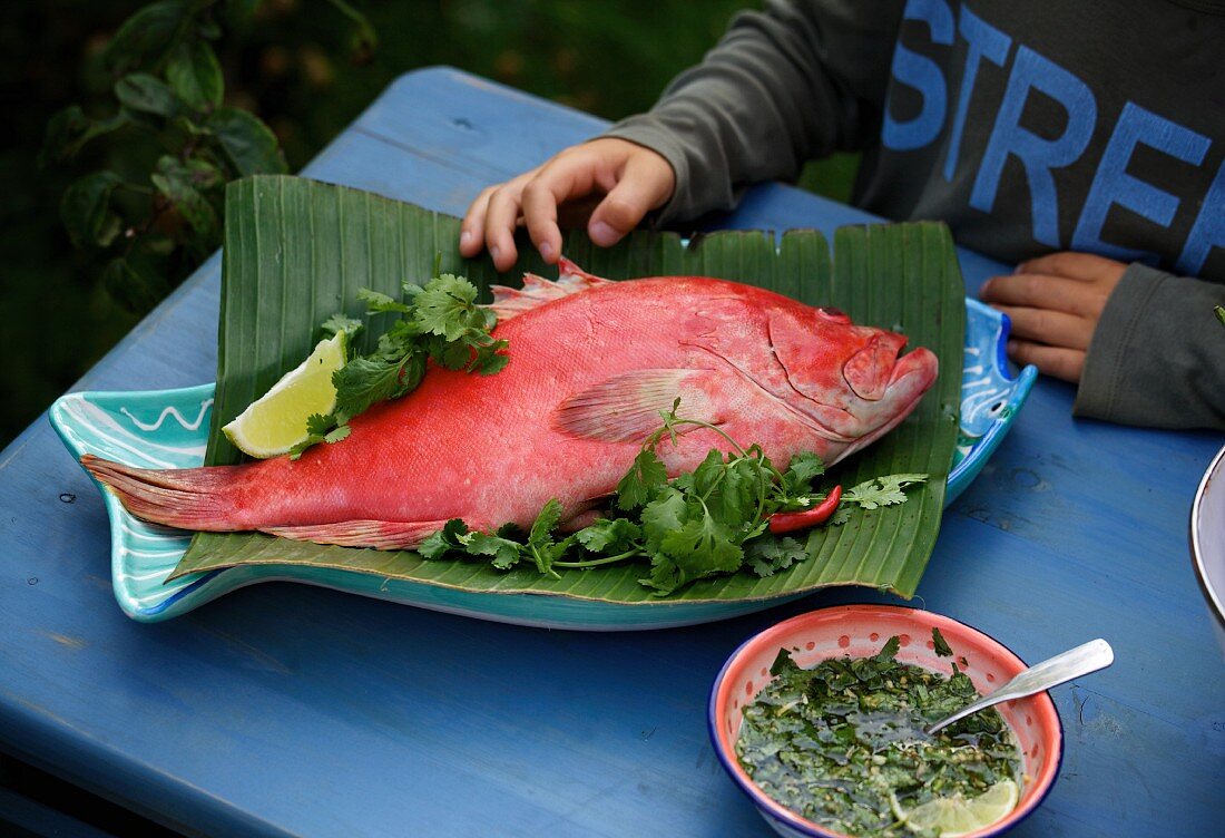 A fresh red snapper with herbs, lying on a banana leaf