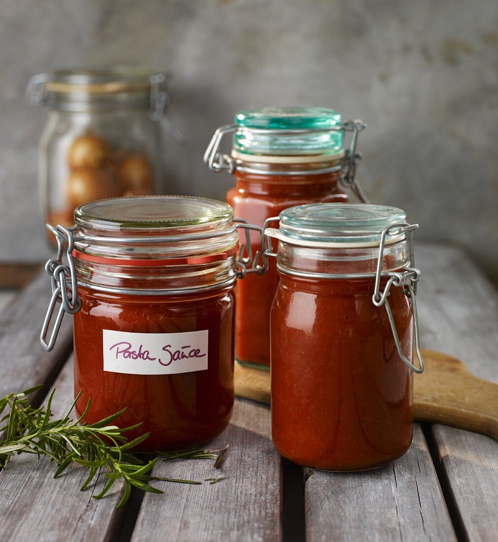 Home-made pasta sauce in preserving jars