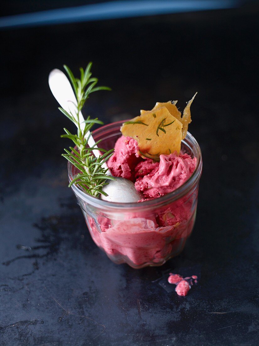 Raspberry ice cream with rosemary