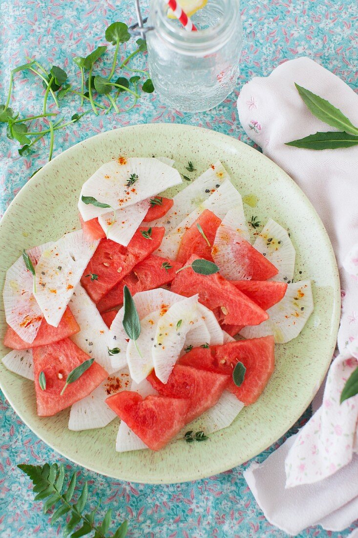 Watermelon and white radish salad with fresh sage