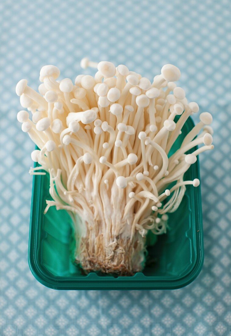 Enoki Mushrooms in a Plastic Container