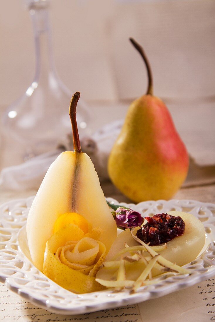 Poached pears with ginger and rose petals