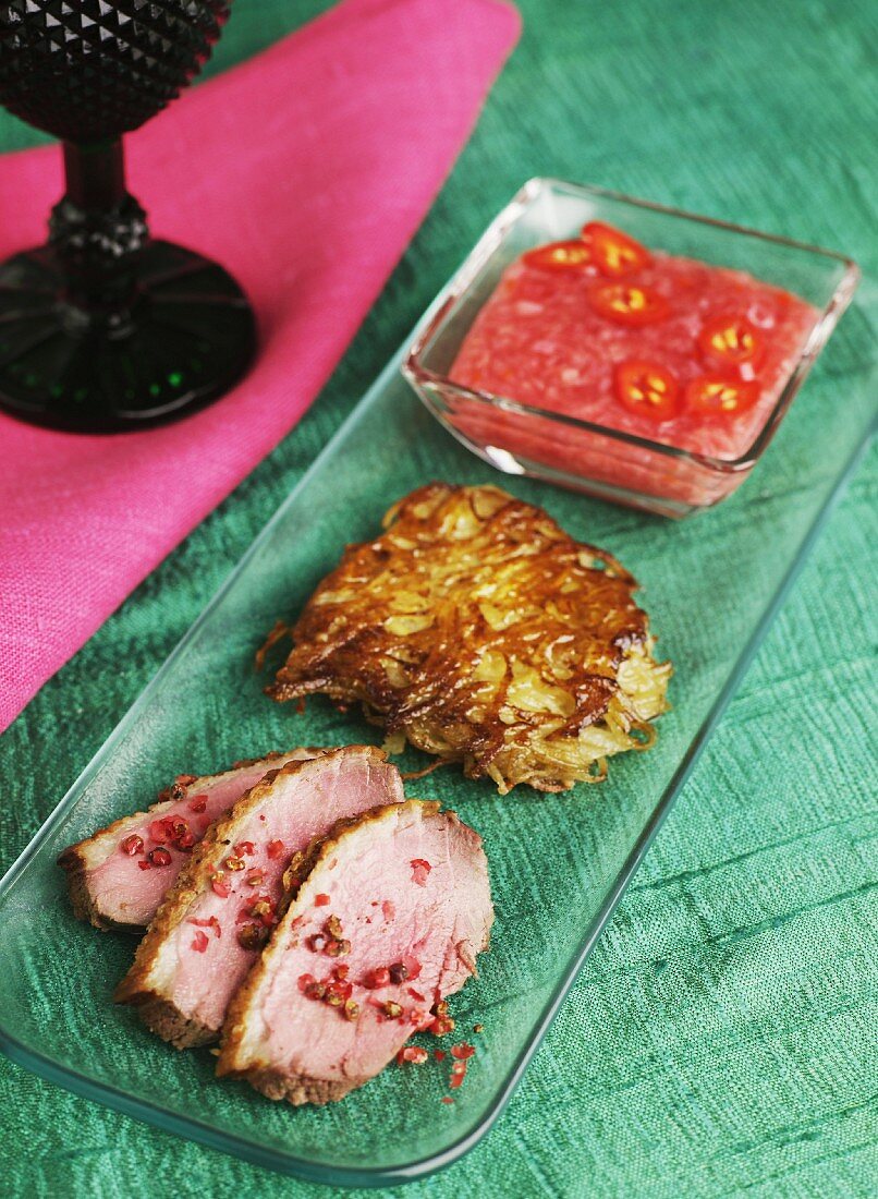 Duck breast with rhubarb chutney and potato rösti (fried Swiss potato cake)