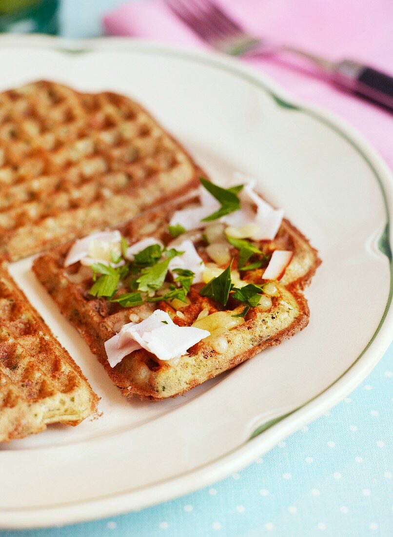 Waffles with ham, cheese and chives