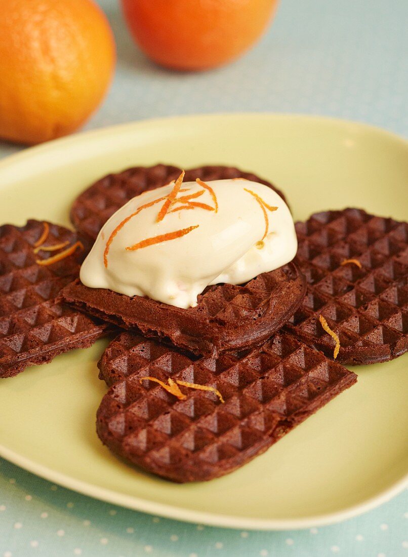 Chocolate waffles with orange ice cream
