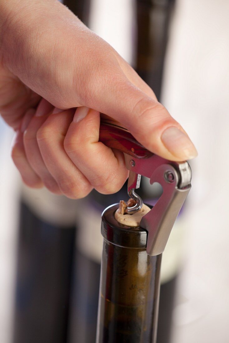 A bottle of red wine being opened with a corkscrew