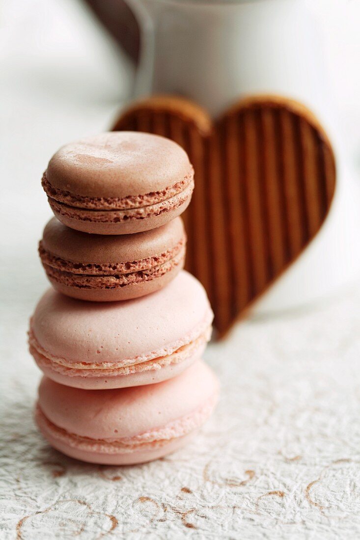 Verschiedene Macarons vor herzförmigem Schokoplätzchen