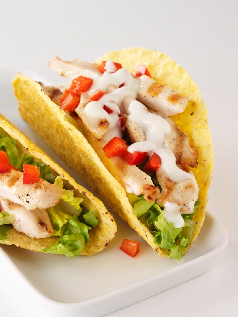 Corn tacos filled with chicken breast and sour cream