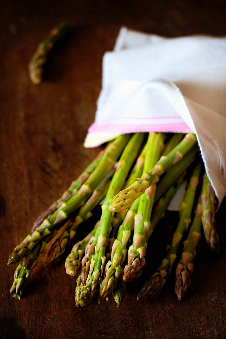 Green asparagus in a linen cloth