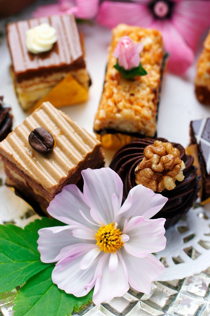 Petits fours with white cosmos flowers