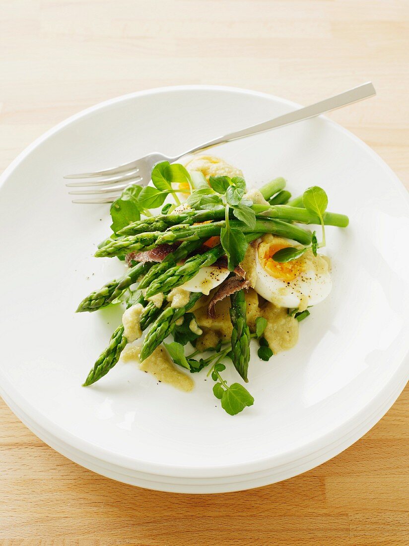 Asparagus salad with eggs and watercress