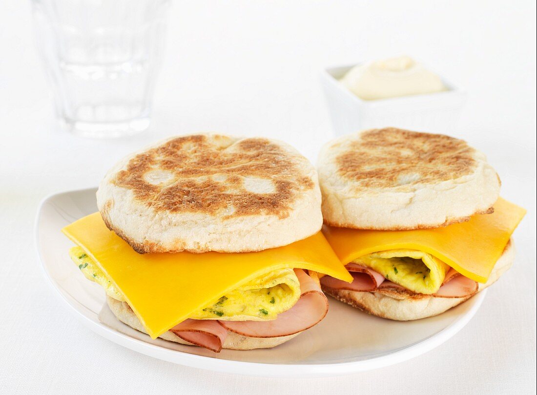 Sandwiches filled with cheddar cheese, egg and ham