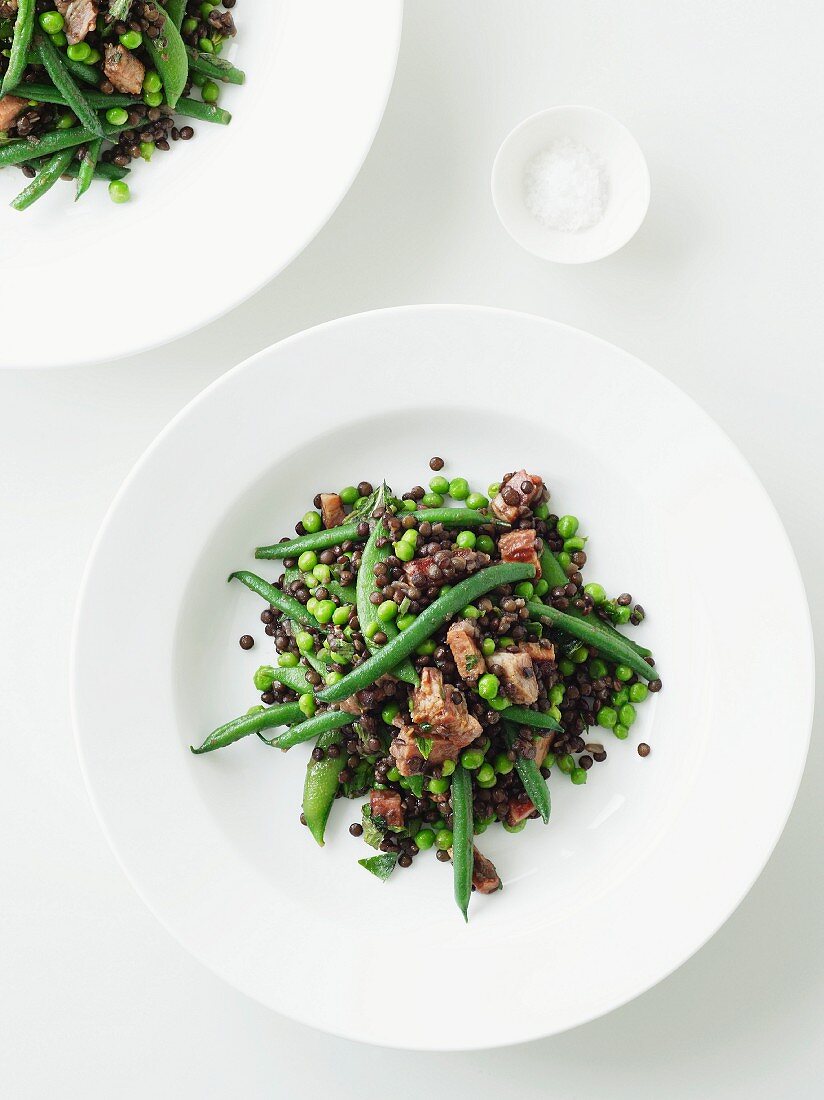 Lentil salad with green beans, peas and bacon (view from above)