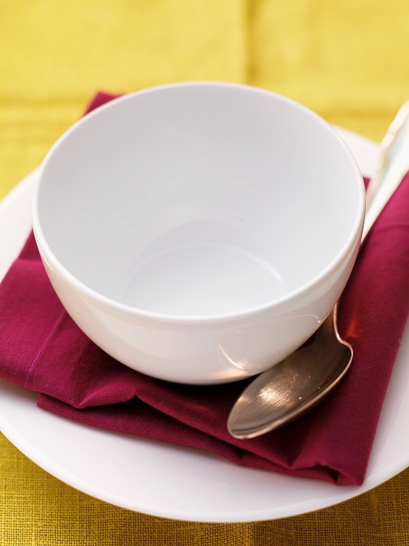 An empty bowl on a plate with a napkin and a spoon