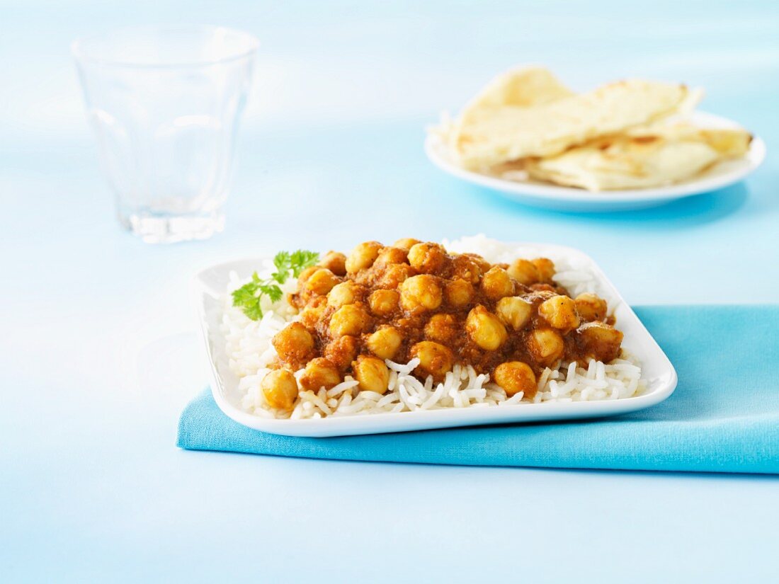 Chana masala (chickpea curry, India) on a bed of rice
