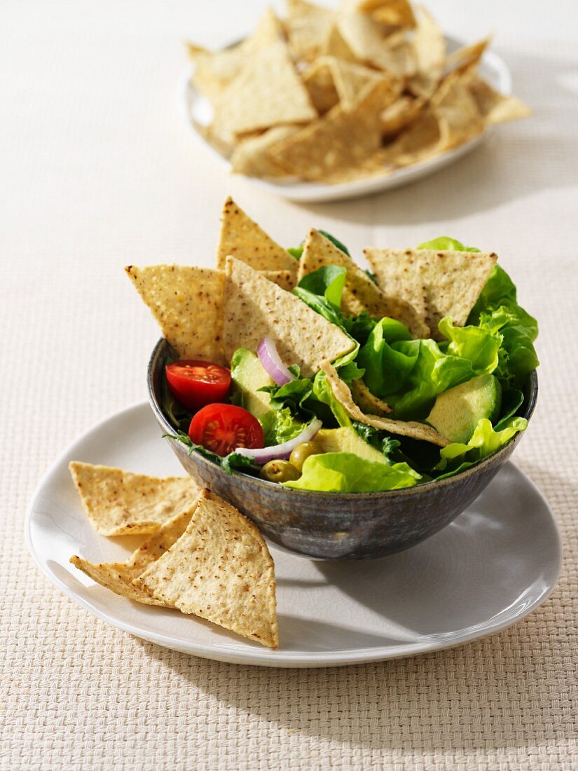 Leaf salad with vegetables and wholemeal tortilla chips