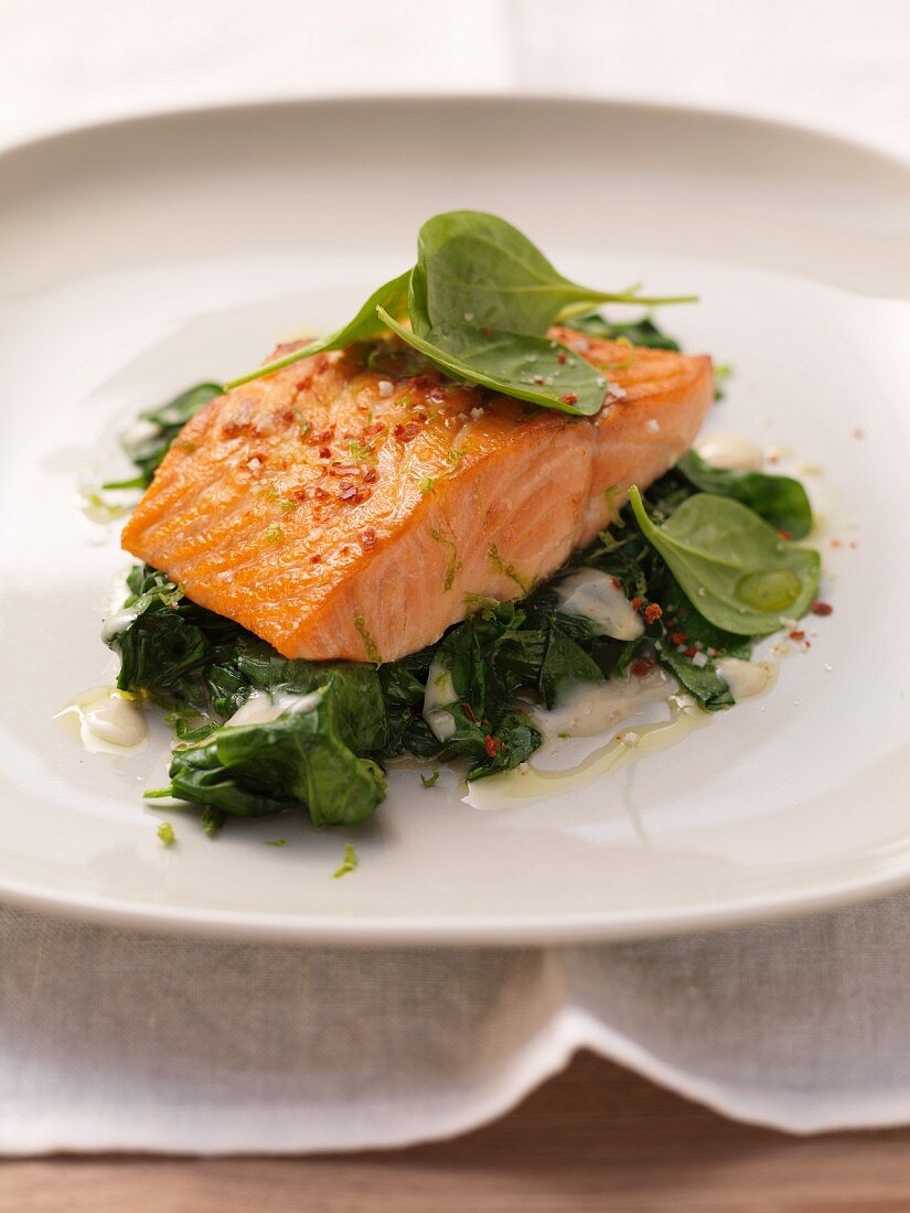 Salmon with lime-infused spinach