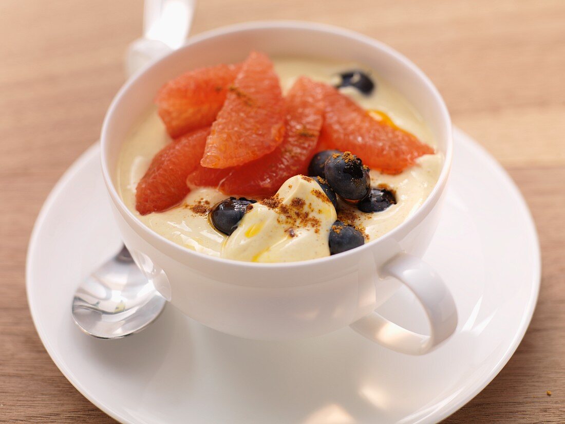 A breakfast of quark with grapefruit and blueberries