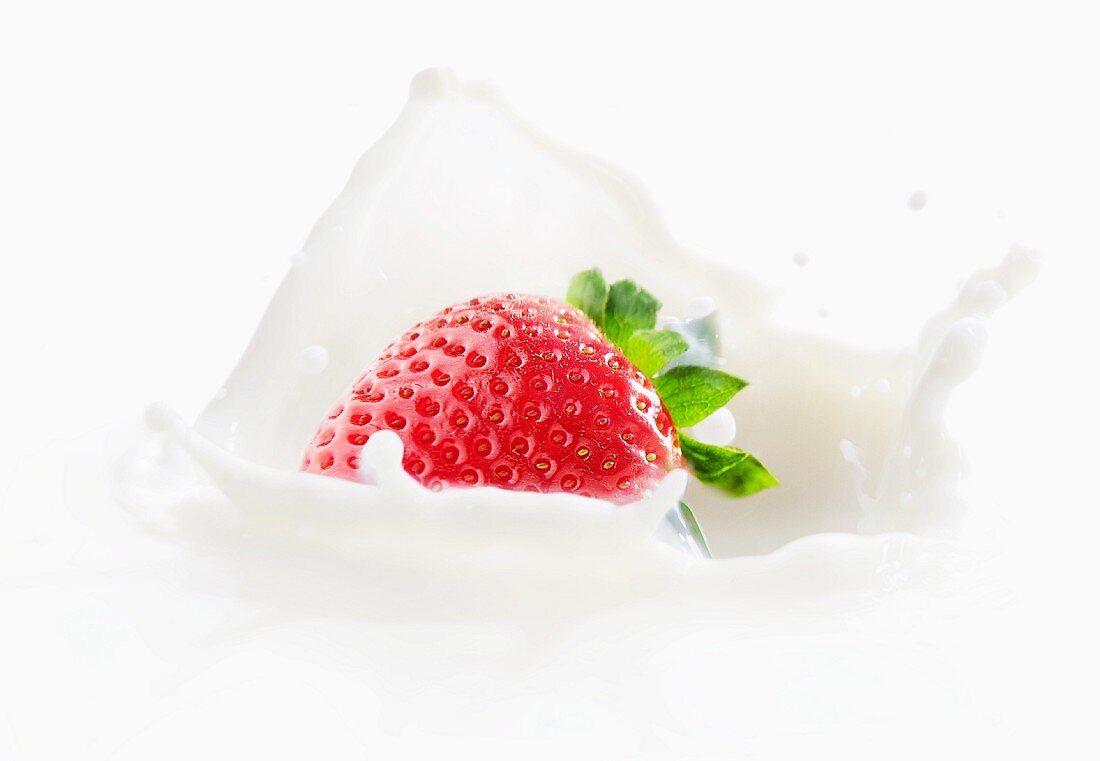 A splash of milk as a strawberry falls into milk