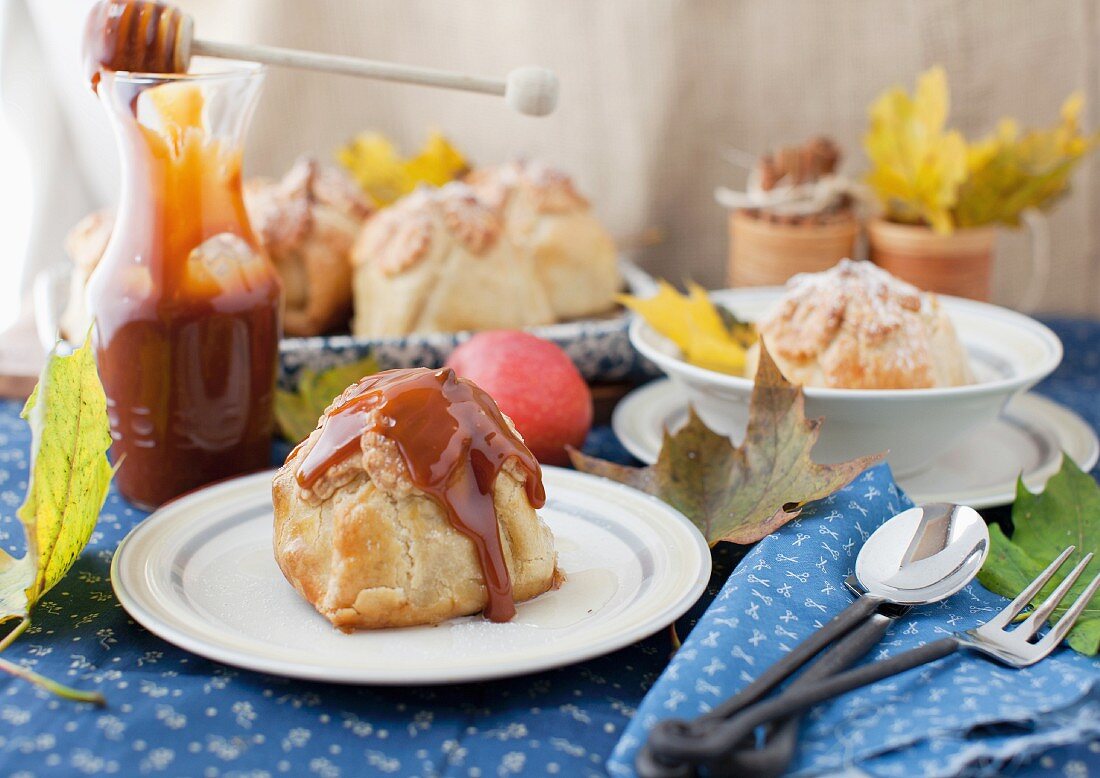 Apple dumpling stuffed with dried fruits and served with a home-made caramel sauce