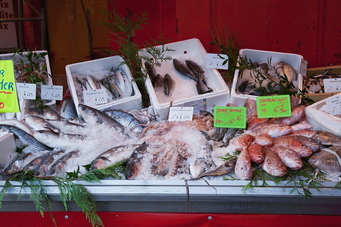 Various types of dish on a market stall