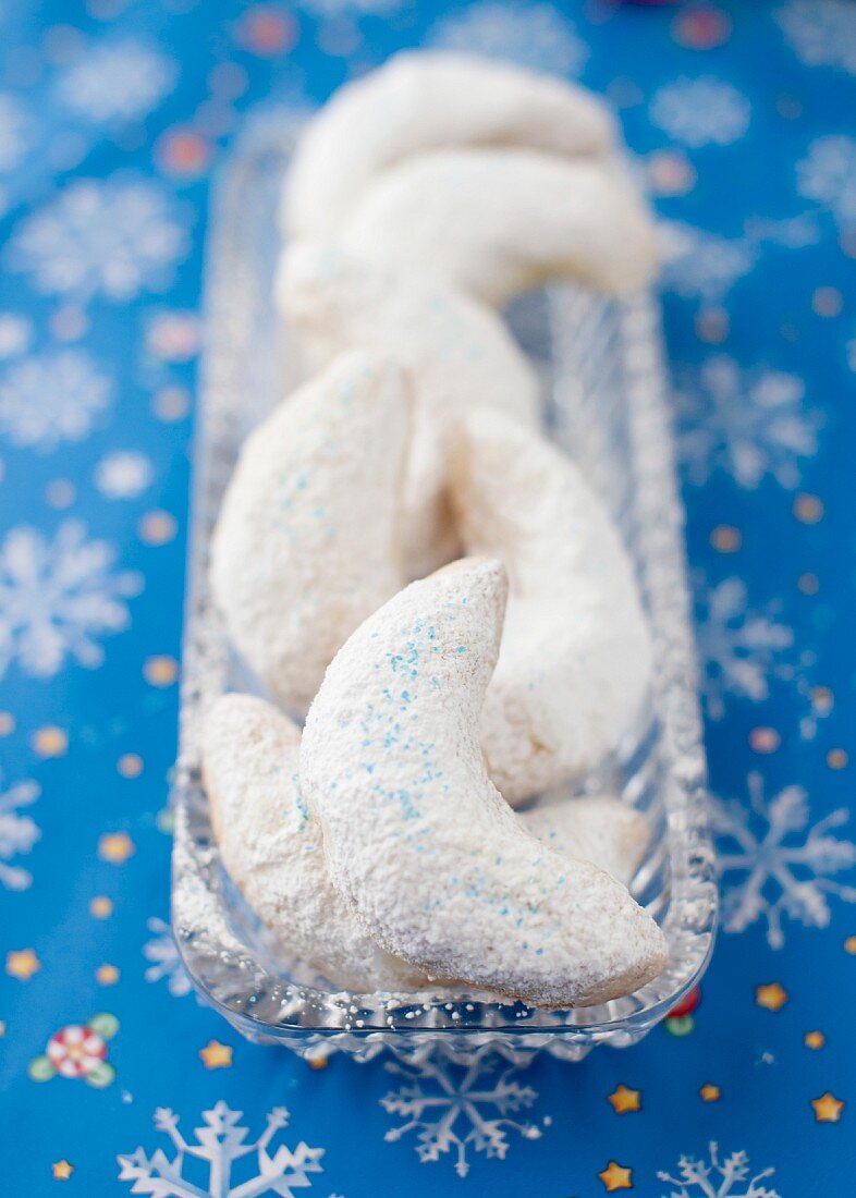 A Glass Dish of Vanilla Almond Half Moon Cookies