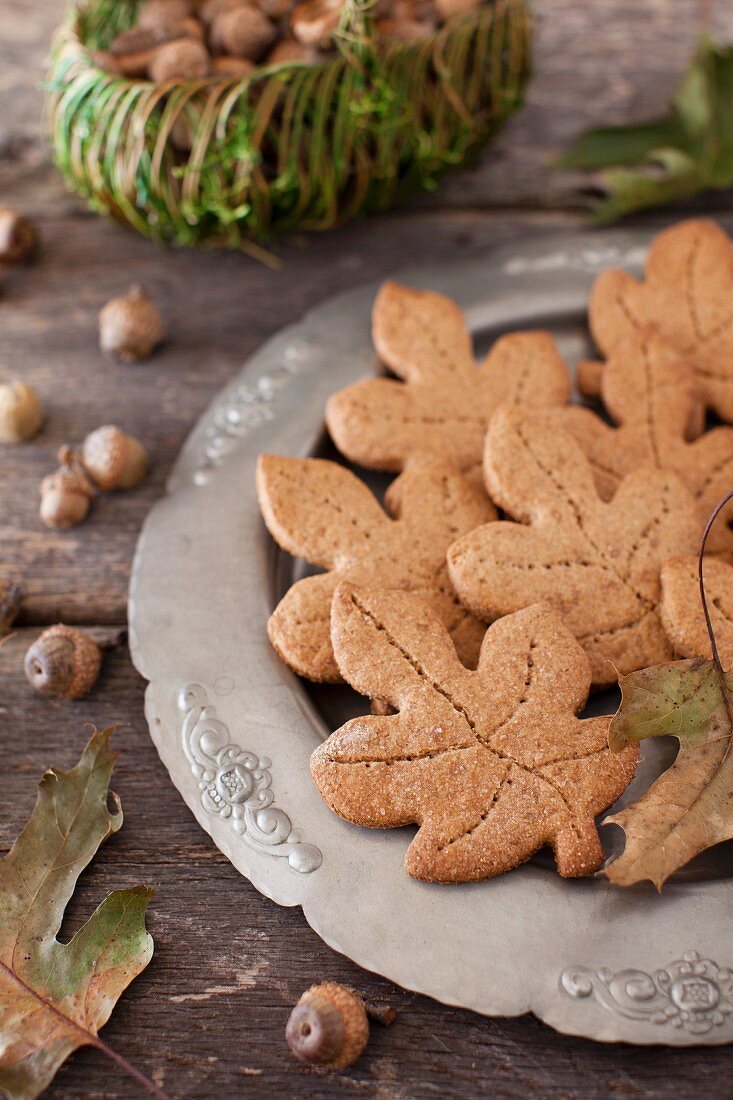 Leaf Shaped Whole Wheat Maple Graham Cookies on a Platter; Acorns