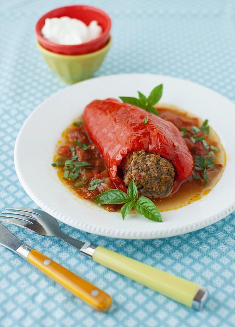 Stuffed Red Bell Pepper in Tomato Basil Sauce on a White Plate
