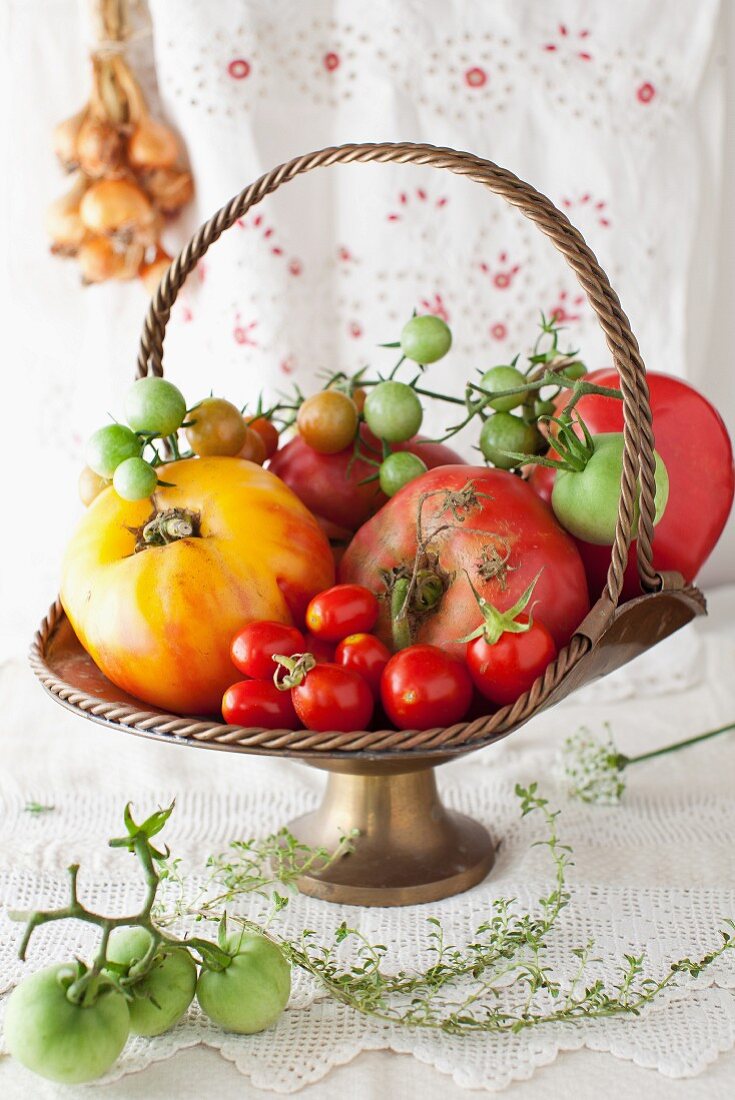 Verschiedene Tomatensorten in einem Metallkorb