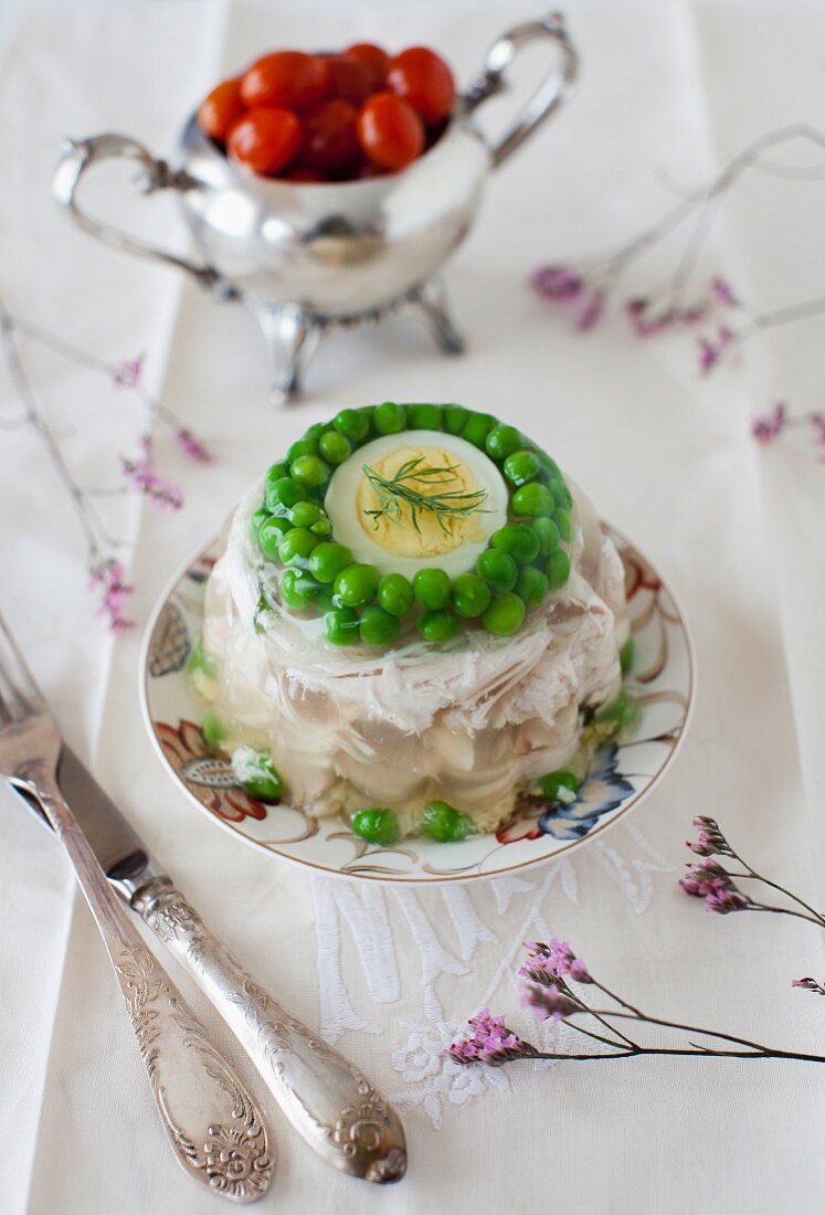 Chicken Aspic with Green Peas and Egg