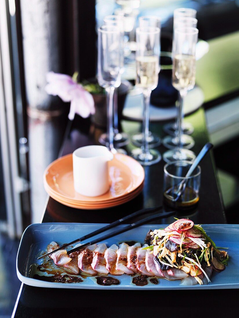 Sashimi of striped trumpeter with mushrooms and ginger, horseradish and soy dressing