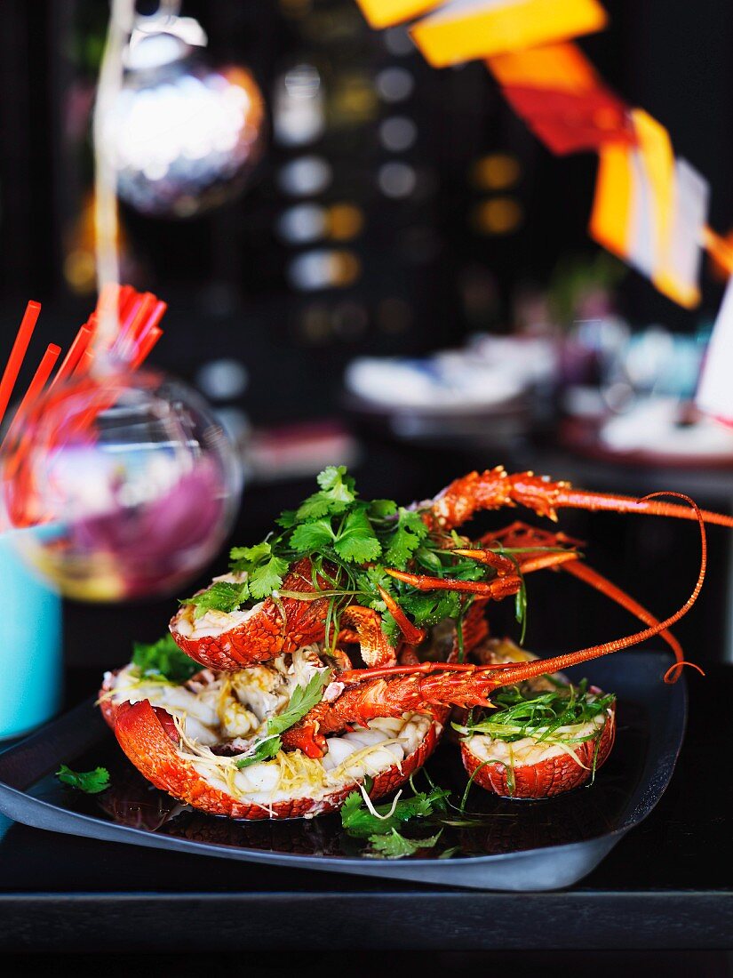 Steamed lobster with ginger and spring onions