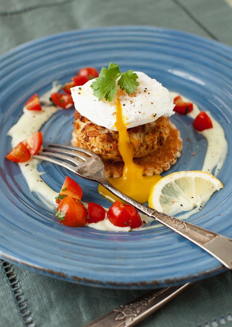 Crab Cakes with Egg and Cherry Tomatoes