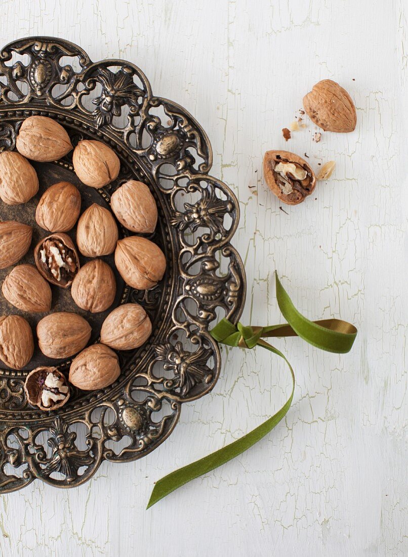 Walnuts on a Metal Tray