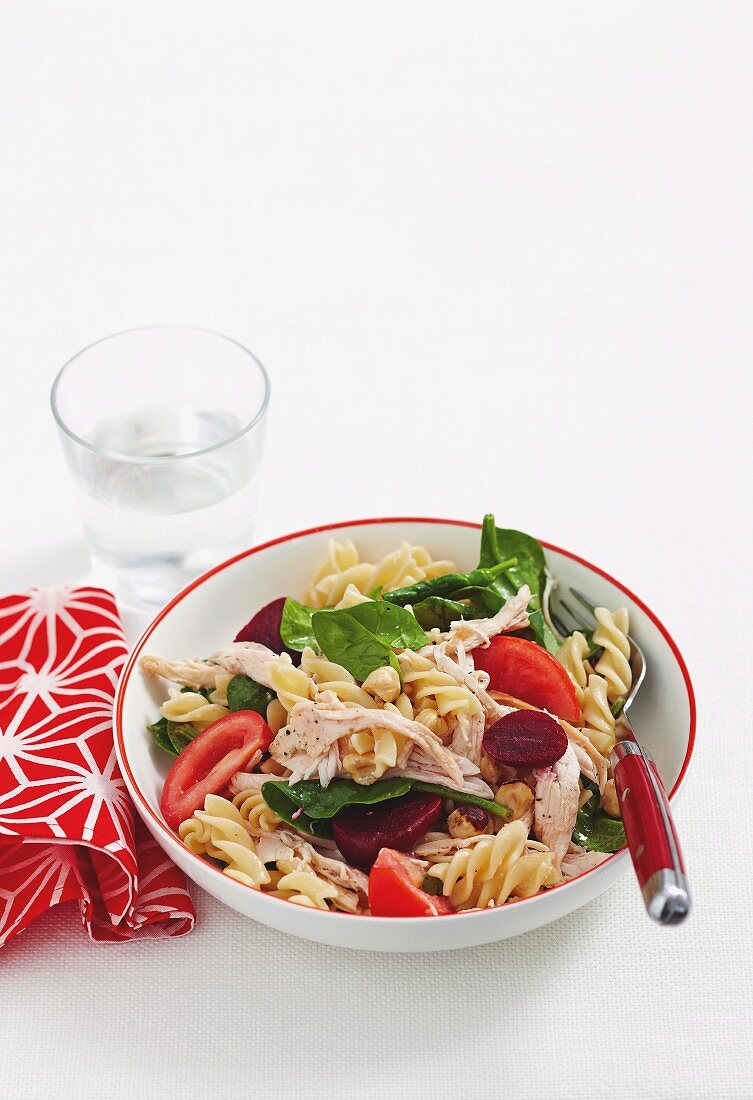 Pasta salad with chicken and beetroot