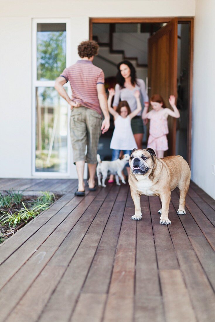 Familie mit Hunden auf der Terrasse