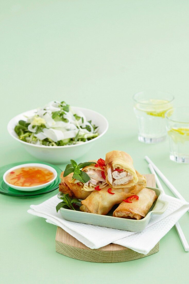 Vietnamese chicken spring rolls with noodle salad