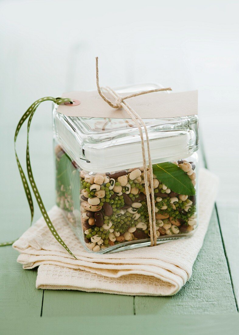 Tarragon bean soup mix in a glass storage container