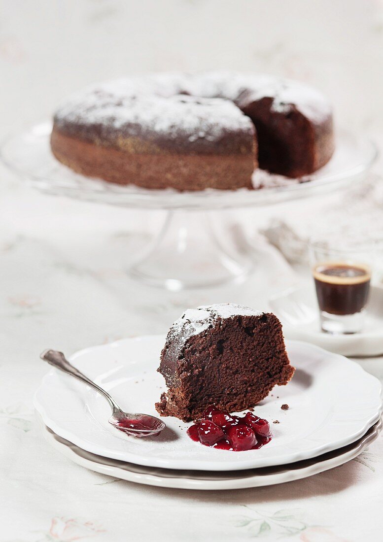 Chocolate cake with cherry compote