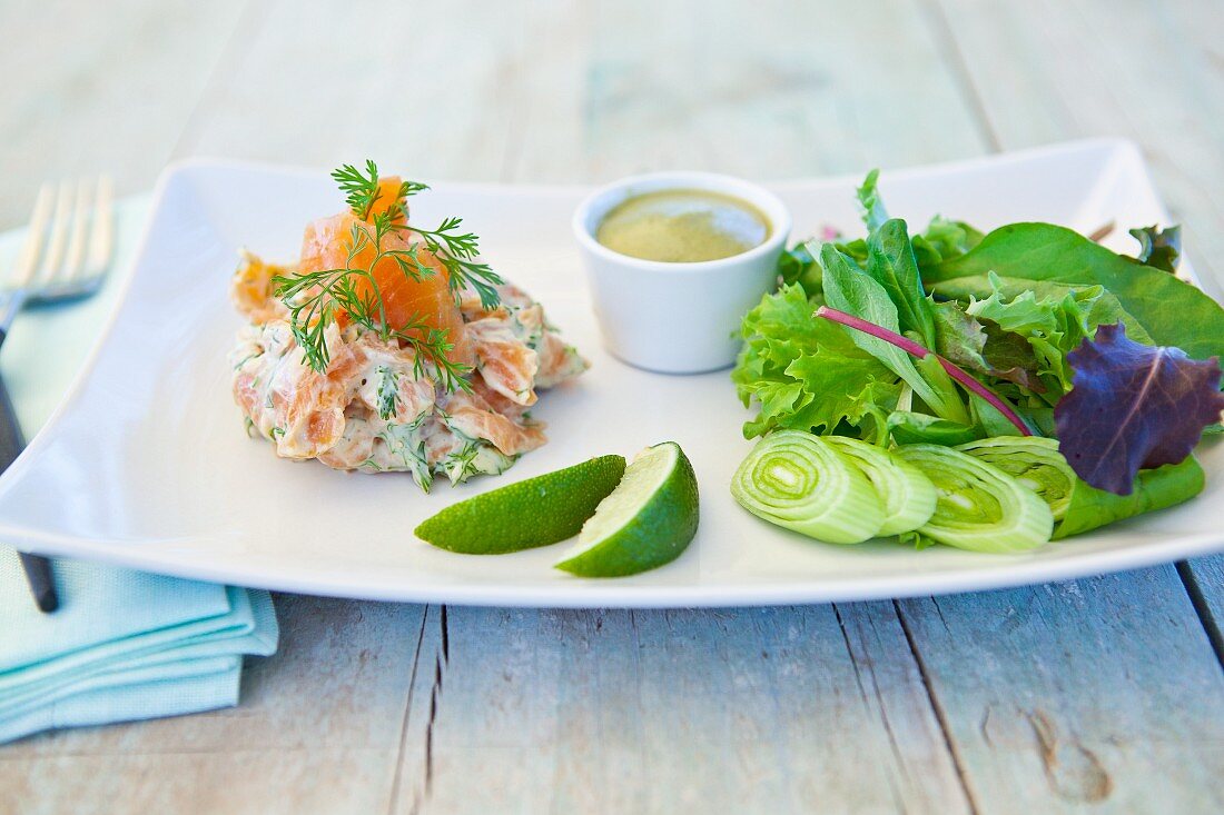 Salmon salad with wasabi and lettuce