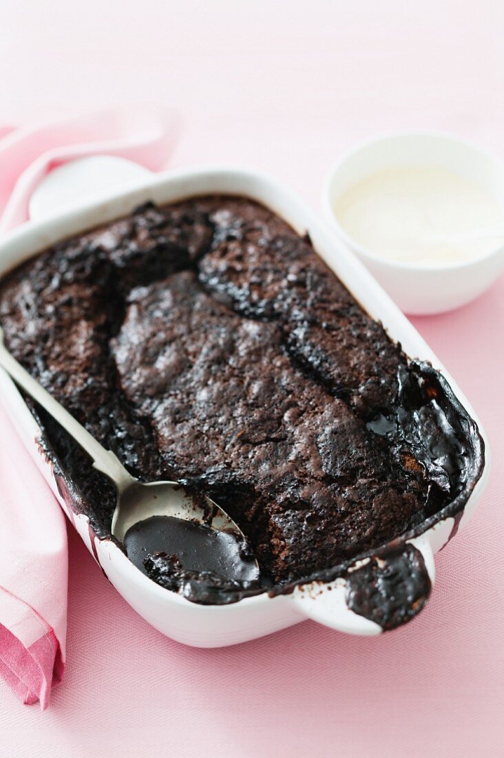 Baked chocolate pudding in a casserole dish