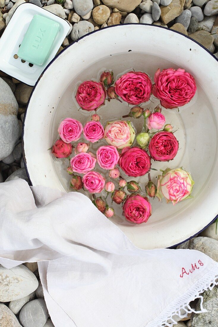 Roses floating in enamel bowl arranged with white linen towel and soap dish on gravel floor