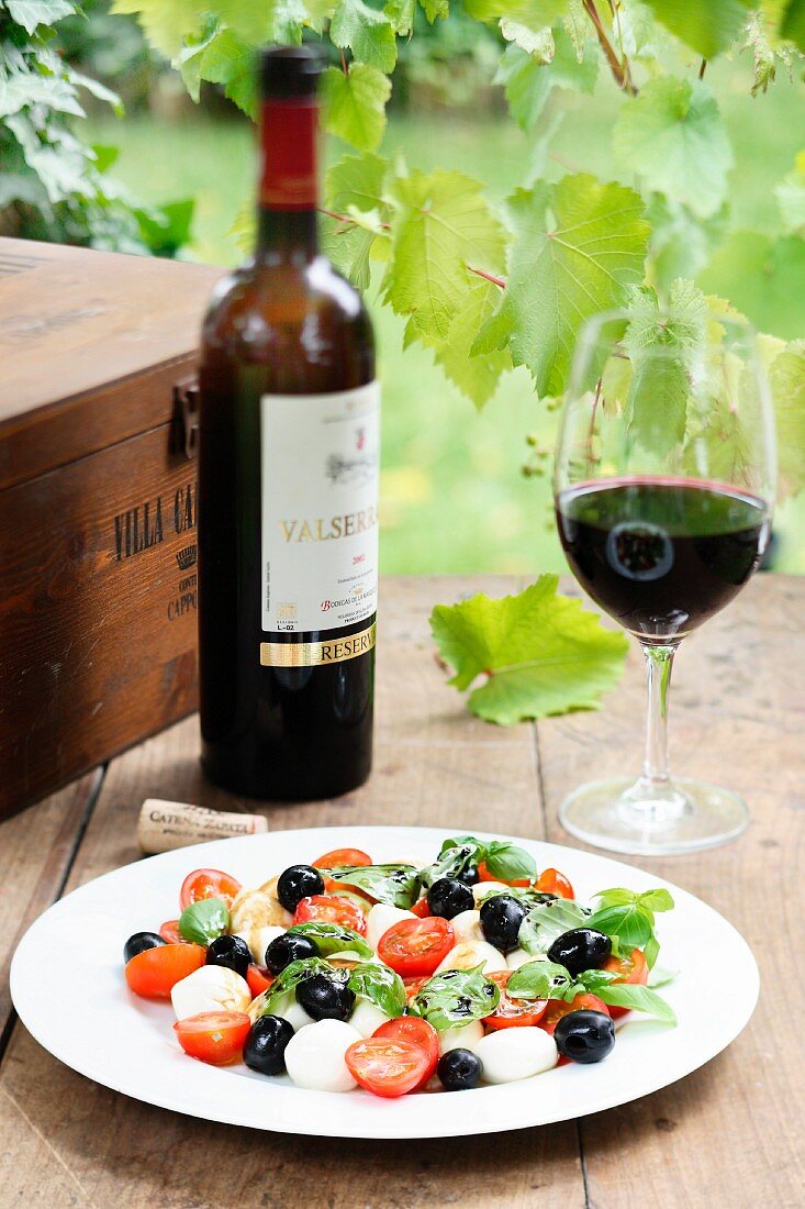 Mozzarella salad with tomatoes, olives and basil, served with red wine