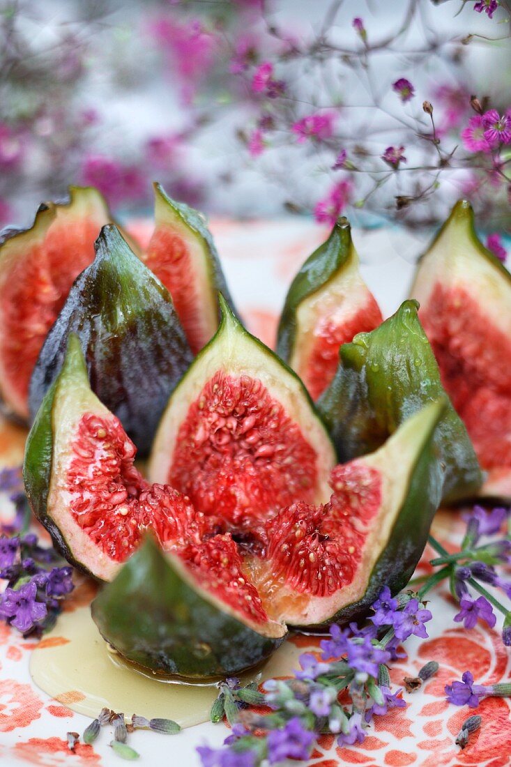 Baked figs with honey and lavender flowers