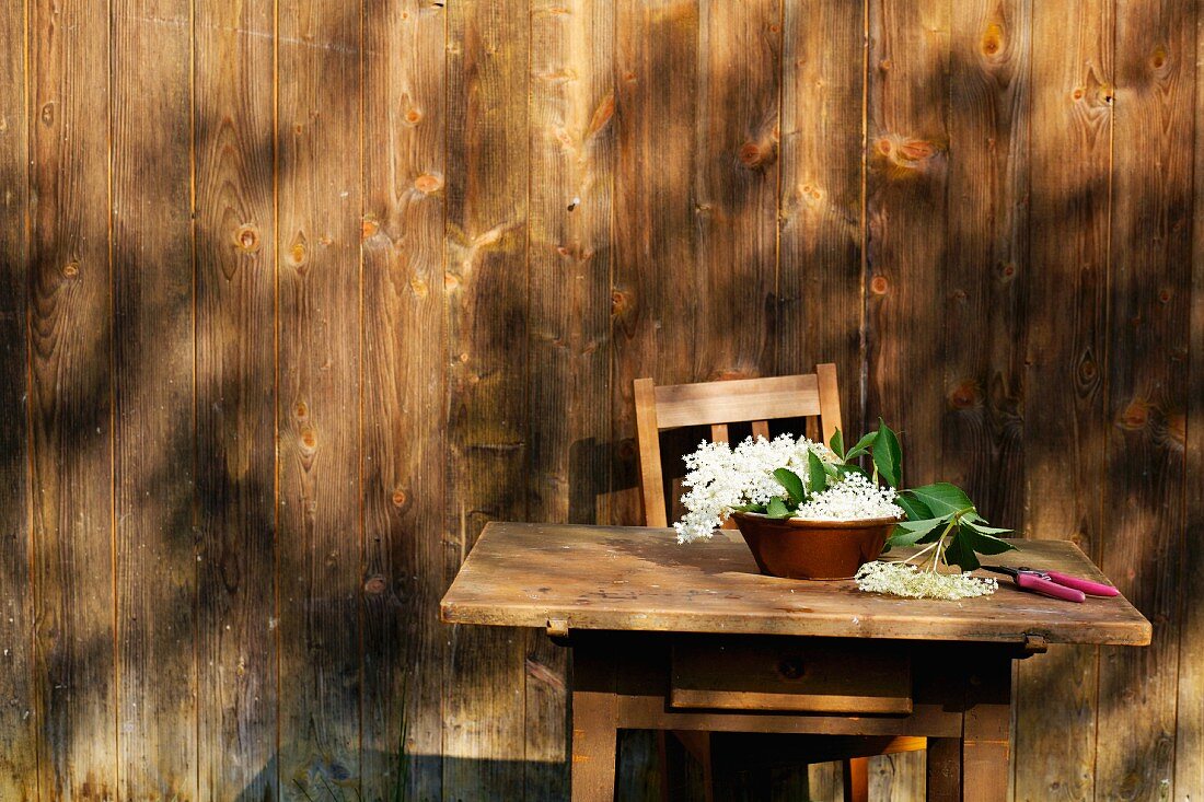 Elderflowers in a bowl on a table outside a wooden cabin