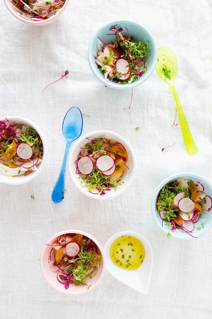 Bowls of Crab Salad with Sliced Radishes