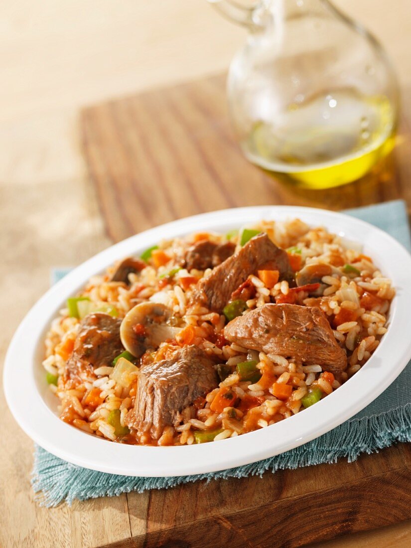 Veal with vegetable rice