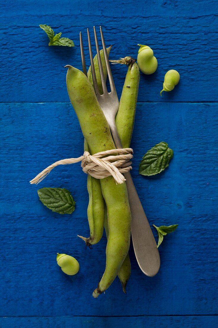 Broad beans, a fork and mint